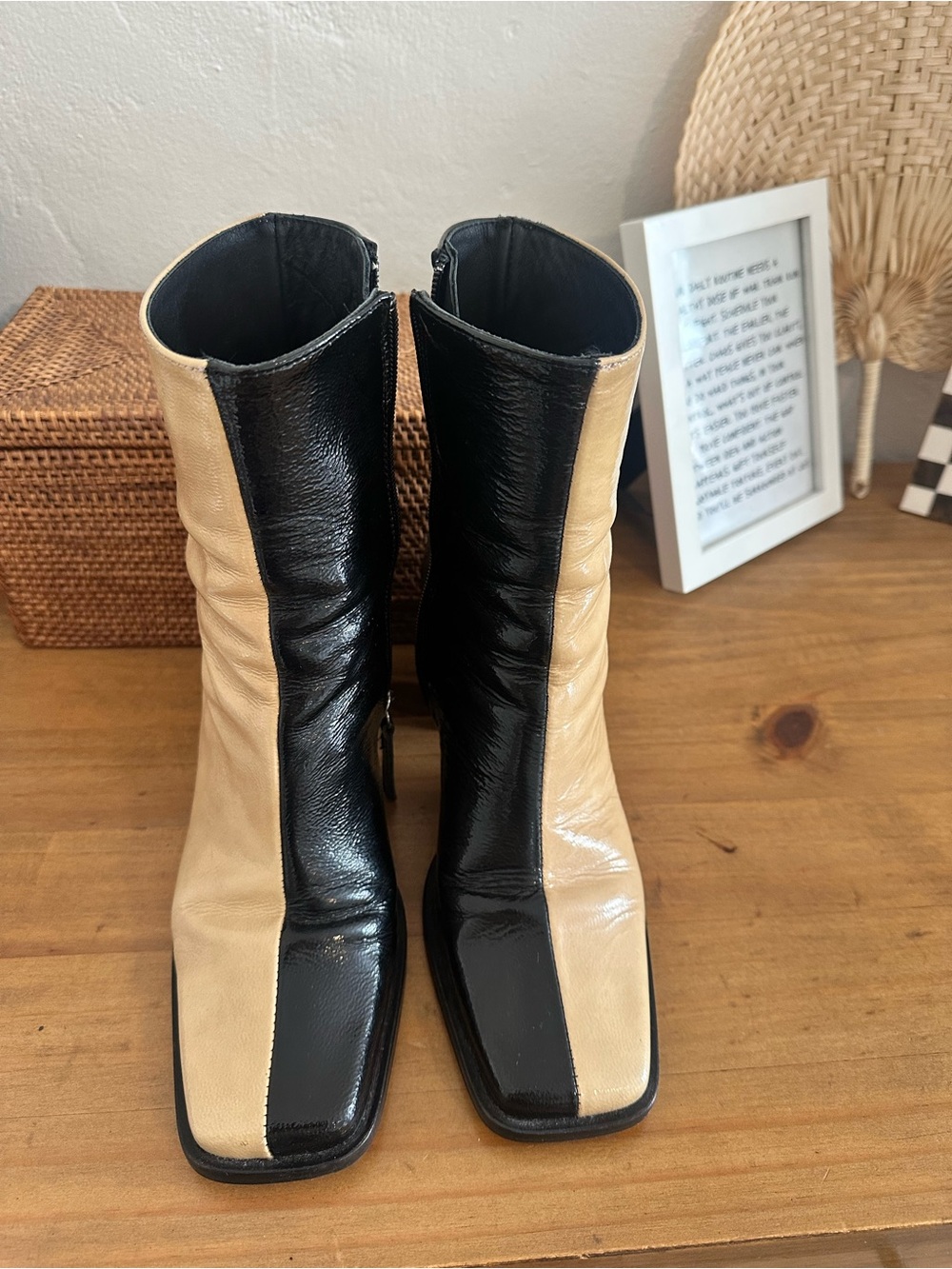 ALOHAS Two-Tone Black and Beige Mid-Calf Heeled Boots